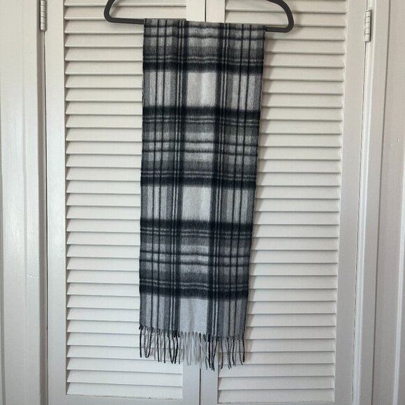 Patrick King scarf lambswool grey plaid subtle neutral fringe - Picture 1 of 4
